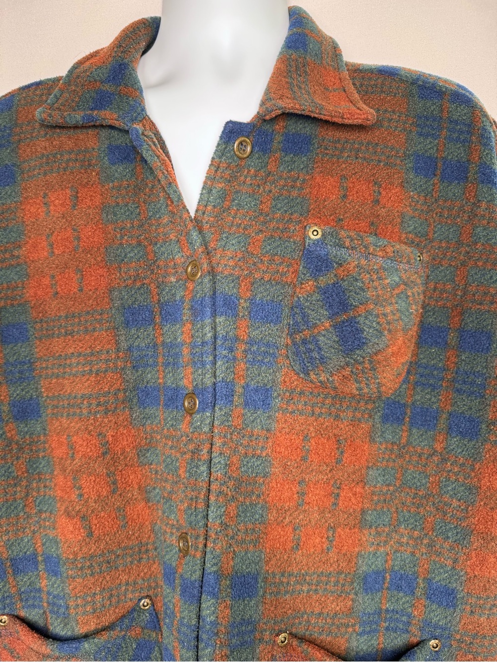Vintage 90s RIDE Snowboards Plaid Fleece Shirt Jacket Shacket Orange Blue Men's